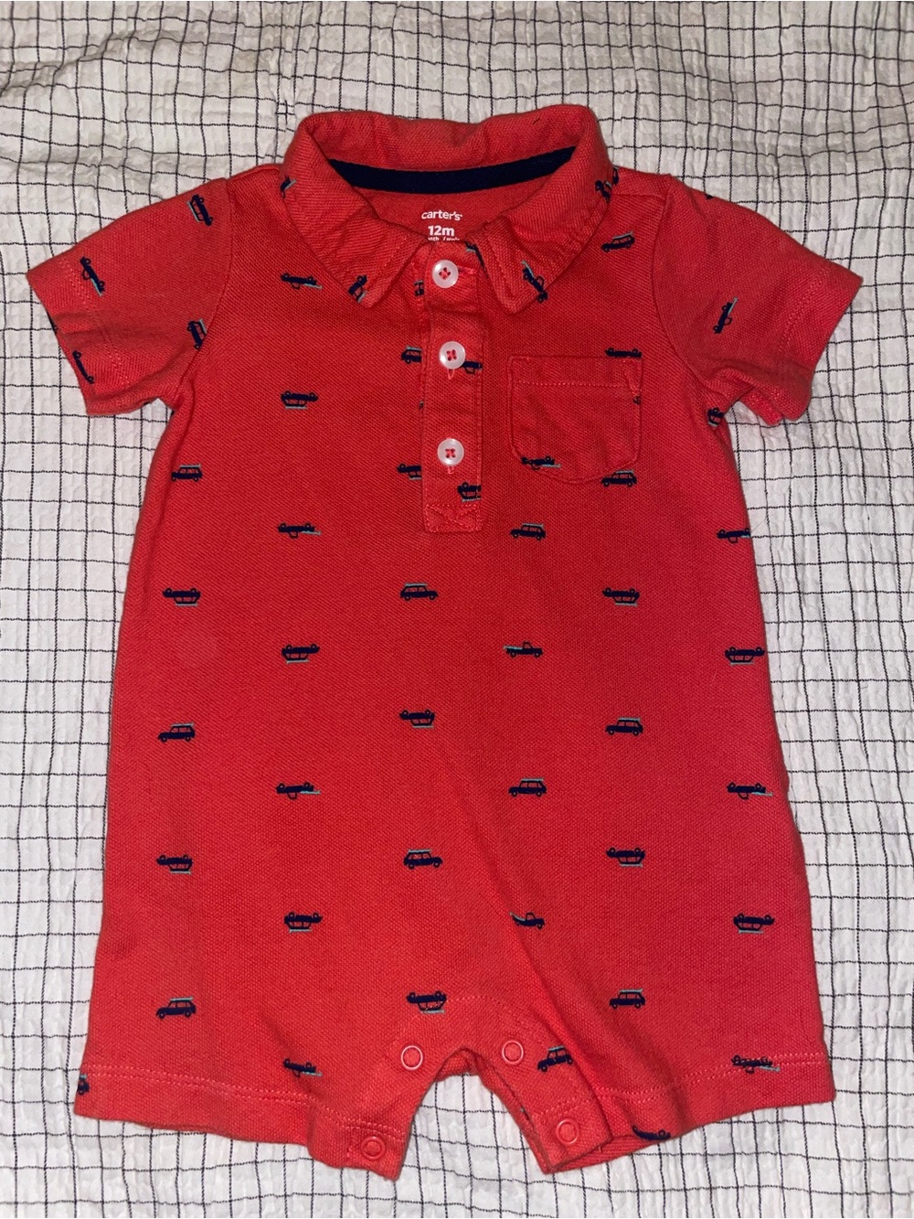 Carter's Coral Red Polo-Style Baby Romper with Navy Car Embroidery